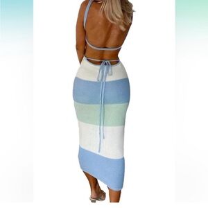 Sabo London M Knit Midi Striped Backless Wrap Boho Dress Resort Wear Coastal